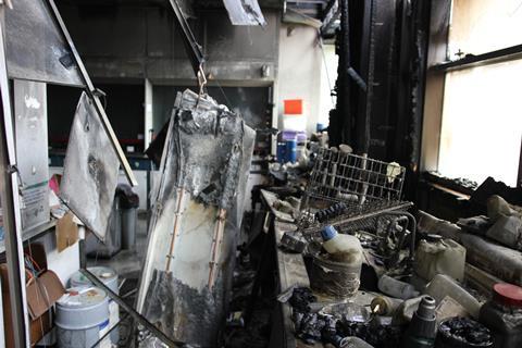 A picture showing the ruined lab in the St Andrews fire aftermath